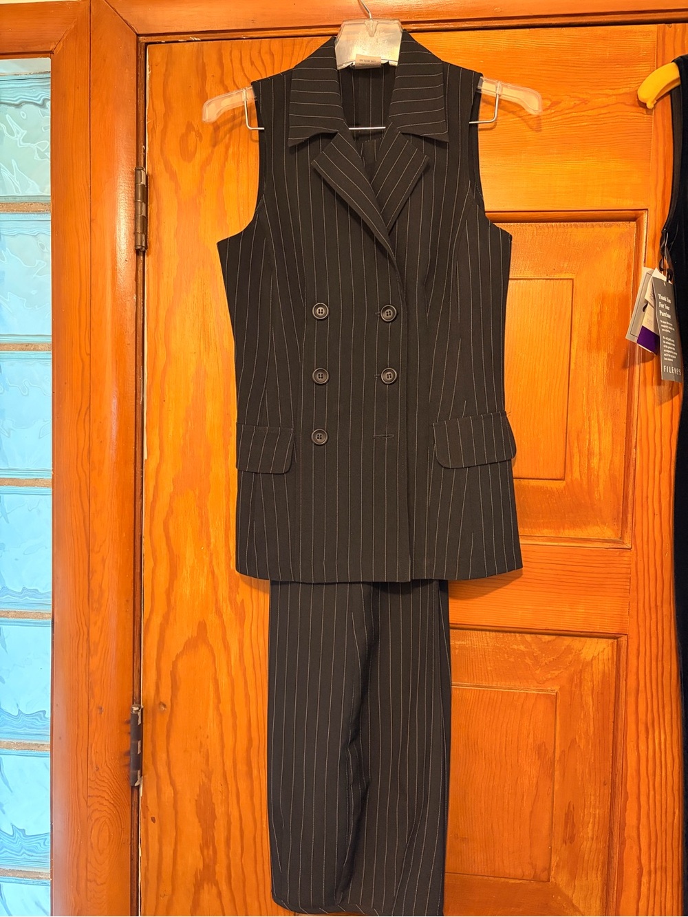 OFFICE CHIC Sleeveless Pinstripe Vest & Pants Set CITY TRIANGLES- Black